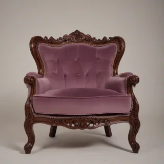 A cartoon-style, plum-colored, Victorian-era armchair with intricate carvings, viewed from a wide shot with the entire chair visible, including the legs and back, on a plain white background, with soft, warm lighting and dynamic shadows