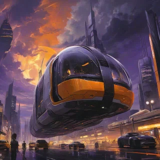Raymond Swanland, Syd Mead anime style night scene, orange and yellow city lights, floating cargo vehicle with giant curved windows and open lower doors, purple accent, light grey clouds, docking lights