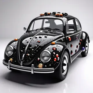 A Volkswagen Beatle covered with shiny beatles