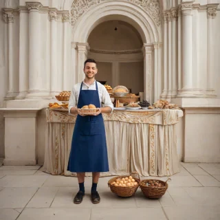 A street vendor, wearing a Navy blue apron, set against a Renaissance-style backdrop, with a wide-angle shot, full-body view, and feet visible, on a plain white background, with soft, natural lighting, and a hint of warm, golden tones, reminiscent of 16th-century Italian market scenes