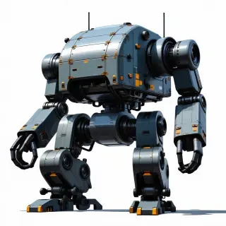 A large, slate-colored industrial robot with a metallic body, cannons instead of arms, standing in a wide shot with its feet visible, set against a plain white background, with a digital art style and dynamic shadows, incorporating a sense of depth and texture, in an anime-inspired aesthetic, emphasizing the cannons' presence and detail.