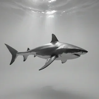 A great white shark, full-body view, swimming in the ocean, with a grey and white color scheme, photorealistic style, wide shot, with sunlight shining down, and a plain white background, on a plain white background, even lighting 