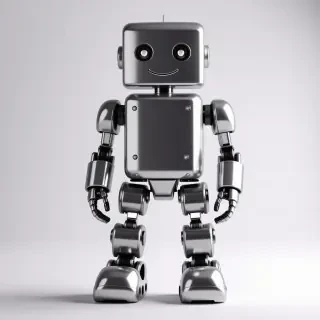 Create a 3D model of a toy robot with a sleek, metallic finish. The robot should have a boxy torso, a rounded head with small circular eyes and a slight smile, and short, stubby arms with simple hands. Its legs should be sturdy with oversized, flat rectangular feet for stability. Include small details like joint bolts and a smooth, reflective surface to emphasize its toy-like appearance. The overall design should be cute and minimalist, with a shiny silver color. make the feet large