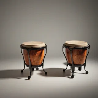 A pair of bongos, full-body view, on a plain white background, with a wide shot, vibrant colors, and dynamic shadows, in a digital art style with a mix of realism and subtle texture, feet and base of the bongos visible, with a soft, warm lighting and a slight glow effect, on a plain white background, even lighting 