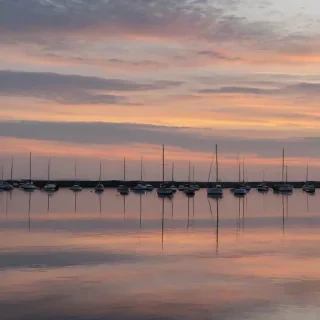 A serene sunset over calm water, warm orange and pink hues reflecting off the gentle ripples, with a few sailboats in the distance, under a sky with soft, white clouds, in a wide shot with the entire scene visible, on a plain white background