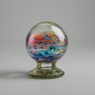 hand blown glass ball with jewel tone colors on it, on a plain white background, even lighting