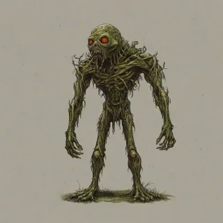 a hand-drawn bogeyman creature, army green and brown hues, full body visible, on a plain white background, even lighting