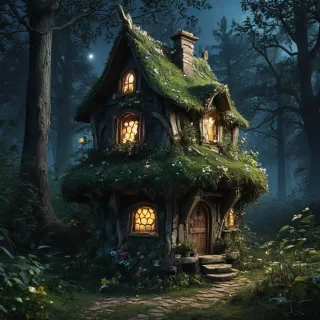 a realistic fairy house in the woods at night