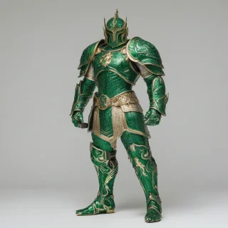 A highly detailed, realistic piece of emerald green armor, with intricate engravings and a metallic sheen, in a wide shot, full-body view, on a plain white background, with dramatic lighting and dynamic shadows, in a realistic art style, on a plain white background, even lighting 