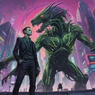 Neon Sam Guay style art of an elf man standing at ground level with one eyebrow raised and a neutral expression, looking up at a large cyber beast, wearing a sleek black suit with green, white, and purple neon accents on the lapels, holding a pistol in his right hand, on a plain white background, with a cyberpunk cityscape visible in the background, featuring towering skyscrapers, holographic advertisements, and neon lights.