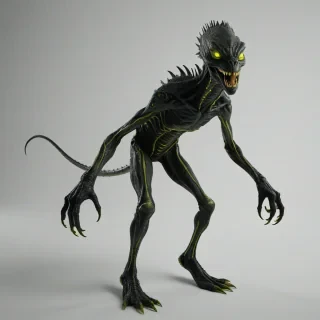 A dark fantasy alien, with lime green scaly skin, sharp teeth, and piercing yellow eyes, standing in a full-body view, with its feet visible, on a plain white background, in a wide shot, with a dramatic backlight and dynamic shadows, in the style of a digital illustration, on a plain white background, even lighting