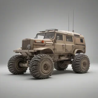 A single tan, brutalist-style rover, with sharp edges and a rugged exterior, highly detailed, full-body view, wide shot, ultra realistic, on a plain white background, even lighting, on a plain white background, even lighting 