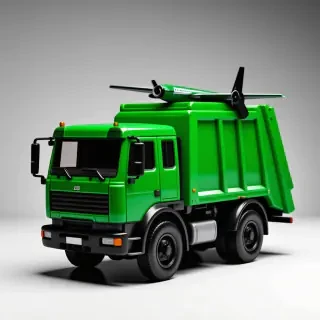 toy green trash truck with front lifting arms and airplane wings attached to the sides