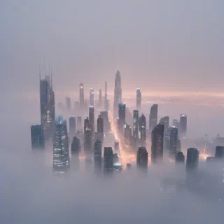 a full-body view of an ethereal ghost city with delicate, translucent skyscrapers and misty streets, illuminated by a soft, lunar glow, with a wide-angle shot capturing the entirety of the city on a plain white background, in a digital art style with vibrant, shimmering colors