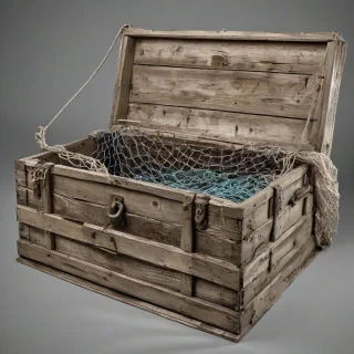 A single, old, worn, wooden crate with a D&D style, fantasy, medieval, rustic, and distressed appearance, with metal hinges and a lock, and an old fishing net draped over the top of the crate, in a full-body view, on a plain white background, and the wood grain visible, in a wide shot, with the crate's feet visible, an old fishing net draped over the top, covering the lid, in a wide shot., on a plain white background, even lighting