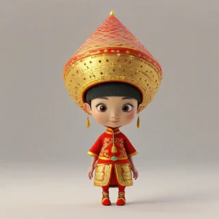 3d animation, cute, mystical creature, short body, rounded features, wearing a bright red and gold Asian conical hat, bright lighting, on a plain white background, even lighting