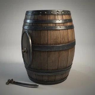 A game asset style image with a full-body view of a wooden barrel, on a plain white background, in a wide shot, with visible feet, under warm light, with even lighting, containing a rifle and a sword partially protruding from the top, as if they were stored inside the barrel.