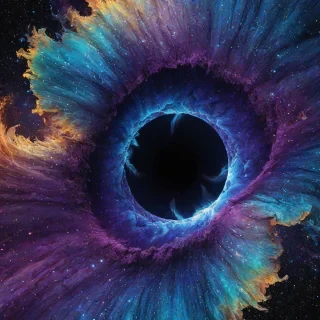 Digital art of a close up of a magical vortex shape like an iris, the vortex has a black hole in the center, with the iris edges being raised and textured with electric sparks, profile view, vibrant rainbow accent colors, dramatically billowing blue and purple space dust, Michael Whelan and Jeremy Mann influenced art styles, intense mood