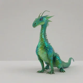 A fantasy creature, full-body view, with iridescent blue and green scales, standing on a plain white background, with a wide-angle shot, and dynamic shadows, in a digital art style, with a mix of realism and surrealism