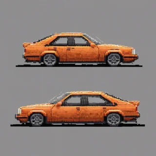 car in pixel art style, full-body view, on a plain white background, even lighting, bright orange car