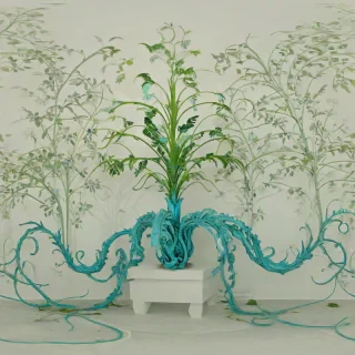 A full-body view of a detailed, turquoise-colored, ornate Baroque-style plant with intricate patterns and designs, set against a plain white background, with soft, natural lighting and subtle shadows, in a wide shot, with the plant's roots and leaves visible, in a digital art style, with bold lines and vibrant colors, on a plain white background, even lighting