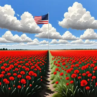 A full-body view of a tall pole with a waving American flag attached to the top, standing upright in a field of vibrant red poppies that are swaying gently in the breeze, under a clear blue sky with a few puffy white clouds, on a plain white background, in a digital art style with bold brushstrokes and vivid colors
