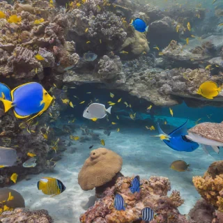 A vibrant underwater scene in the blue clear ocean water with many colorful tropical fish, such as blue tang and yellowtail damselfish, swimming around a large coral reef, with sea turtles and stingrays gliding in the background, schools of small fish darting through the water, and a sunken ship or underwater cave in the distance, with the entire scene illuminated by the warm, golden light of the sun shining down from above, full-body view, wide shot, on a plain white background