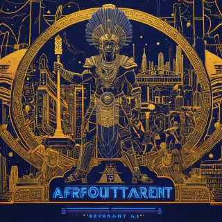 A vibrant, Afrofuturist tavern sign, with a navy blue background, adorned with intricate, golden patterns and hieroglyphics, featuring a stylized, futuristic image of an African warrior, set against a backdrop of a sprawling, neon-lit cityscape, with a wide shot, full-body view of the sign, on a plain white background, in a digital art style, with dynamic shadows and a hard rim light, on a plain white background, even lighting