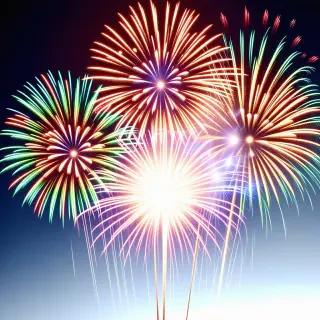 Beautiful fireworks exploding in the night sky, one red, one green, and one blue, with vibrant colors and dynamic patterns, in a wide shot, with the fireworks centered and the sky filled with stars, on a plain white background, in a digital art style