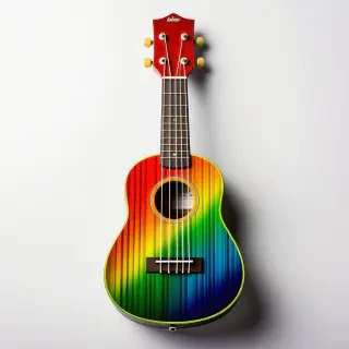 A colorful, shiny, full-body view of a rainbow ukulele, with a wide shot, on a plain white background, with bright and vibrant colors, and dynamic lighting, in a digital art style with bold lines and textures