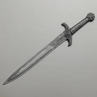 A detailed line drawing of a cool sword, with intricate designs on the hilt and blade, in a wide shot, on a plain white background, with bold lines and precise shading, in the style of a comic book illustration