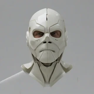 a sci-fi based mask that covers the upper right side of a human's head. It should not extend onto the left side of the head or go below the nose, but it should cover the entire upper right side of the head from the front to the back., on a plain white background, even lighting