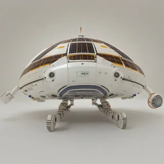 A solarpunk style spacecraft with a sleek, curved hull and large solar panels, set against a plain white background, with bright, warm lighting and a sense of optimism and sustainability, full-body view, wide shot, feet visible, digital art style, vibrant colors, on a plain white background, even lighting