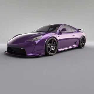 A purple car, full-body view, on a plain white background, with a glossy finish, and a wide-angle shot, in a digital art style, with dynamic shadows and a hard rim light