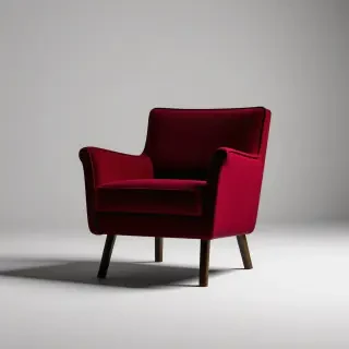 A wide shot of a brutalist-style maroon armchair with a sturdy, geometric base and a cushioned seat, set against a plain white background, with dramatic shadows and a sense of industrial chic, in the style of a digital illustration
