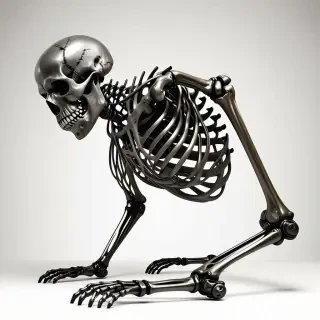 A metal skeleton where the Tibias, Femurs, Fibulas, Humerus', Radius', and Ulnas are made of rusty pipes. The skull is an old bowling ball with strips of metal used for the jaw and bolts used for the teeth. The ribcage is made out of titanium. the phalanges are made out of old, bent nails.