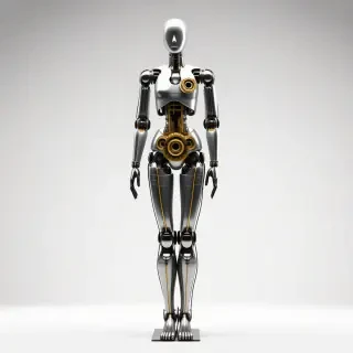 a full body mechanical mannequin made out of gears, electrical wires, sheets of metal, and lightbulbs