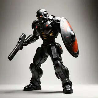 Doom guy in a dynamic combat pose with a sturdy shield attached to his forearm and a powerful shotgun in his opposite hand, matte gray plastic texture, full-body view, wide shot, feet visible, softbox lighting with subtle shadows, high-contrast colors, digital art style with bold lines and vibrant details, slight overcast, warm sunlight filtering through the scene, with Doom guy's shotgun and shield pointed away from the camera.