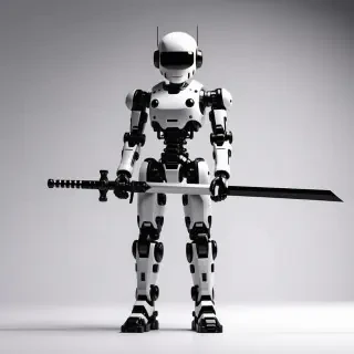 A humanoid robot holding a big sword