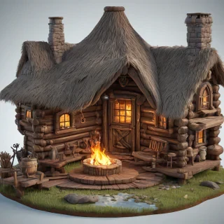 A majestic, isolated, floating island with 3D animation cartoon style of the inside of a hunter's cabin, with a warm and cozy atmosphere, featuring a fireplace, wooden furniture, and hunting gear, bright lighting, on a plain white background, even lighting