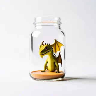 A tiny yellow wyvern stuck inside a jar.