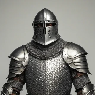 view from the shoulders up of knight wearing armor with scales on the armor, made of metal, full helmet, chain mail, looking into the camera, bright lighting, on a plain white background, even lighting, visible legs