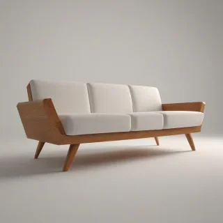 A low poly, ivory, wooden couch with a simple, minimalist design, on a plain white background, in a wide shot with the chair's legs and base visible, with soft, warm lighting and no shadows, in a digital art style, on a plain white background, even lighting, on a plain white background, even lighting 