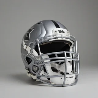 A football helmet, full-body view, on a plain white background, with a metallic silver finish, and a black facemask, in a wide shot, with the helmet facing directly forward, and the brand logo visible on the side, on a plain white background, even lighting 