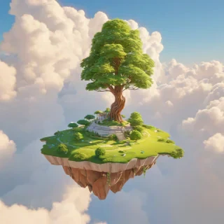 A serene floating island with lush green trees, a few fluffy white clouds, and a bright blue sky, full-body view, wide shot, feet visible, digital art style, vibrant colors, dynamic lighting, and soft shadows