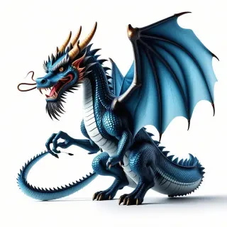 a large blue dragon with four wings on its back flying