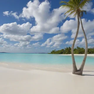 A photorealistic beach scene with crystal clear turquoise water, soft white sand, and a few palm trees in the distance, under a clear blue sky with a few puffy white clouds, in a wide shot with the entire beach visible,