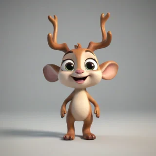 A cartoon style cute baby mammal with antlers with a smile, in 3D animation style, full-body view, with bright and vibrant colors, standing on a plain white background, with a wide-angle shot, and dynamic lighting, featuring a small, rounded body, large eyes, and a tiny nose, with a happy and playful expression, on a plain white background, even lighting, on a plain white background, even lighting 