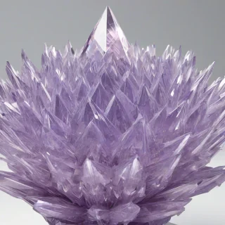 A large, intricate crystal formation with a predominantly lavender hue, rendered in a hyperrealistic style, with precise details and subtle reflections, set against a plain white background, in a wide shot with the entire formation visible, including the base and any surrounding crystalline structures, with soft, diffused lighting that accentuates the crystal's facets and geometry, on a plain white background, even lighting