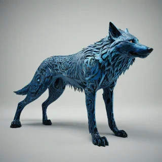 A full-body view of a steel blue, Gothic-inspired, wolf with intricate, mystical patterns on its fur, set against a plain white background, with a wide-angle shot, and dramatic, dynamic shadows, in a digital art style with bold lines and vibrant colors, on a plain white background, even lighting